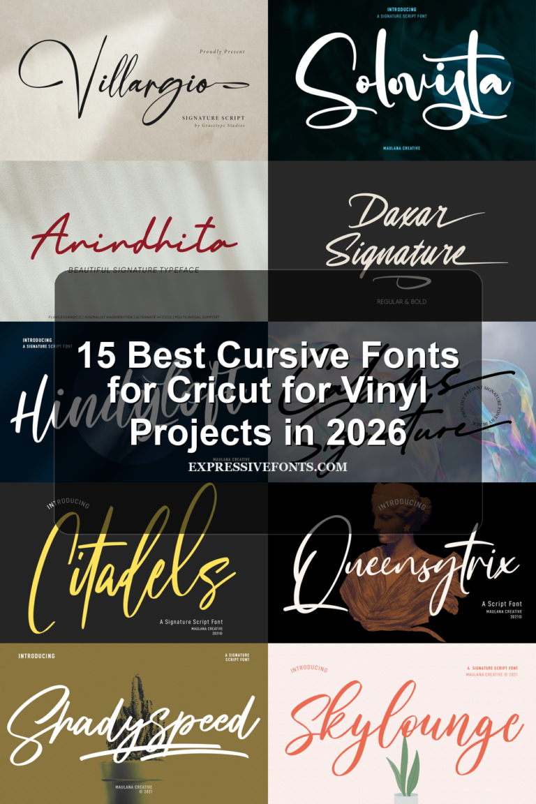 15 Best Cursive Fonts for Cricut for Vinyl Projects in 2026 article preview collage featuring 10 font examples.
