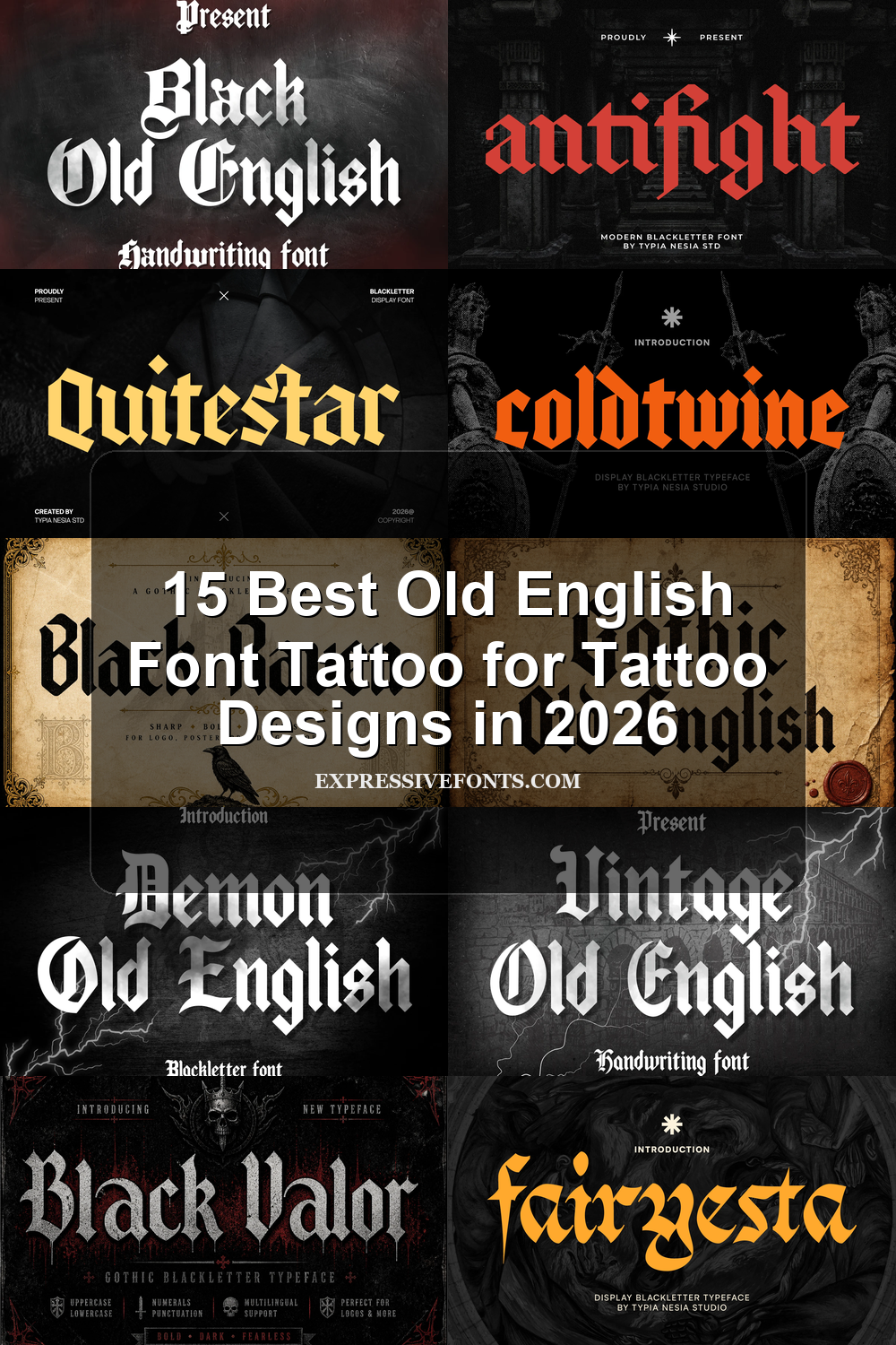 15 Best Old English Font Tattoo for Tattoo Designs in 2026 article preview collage featuring 10 font examples.