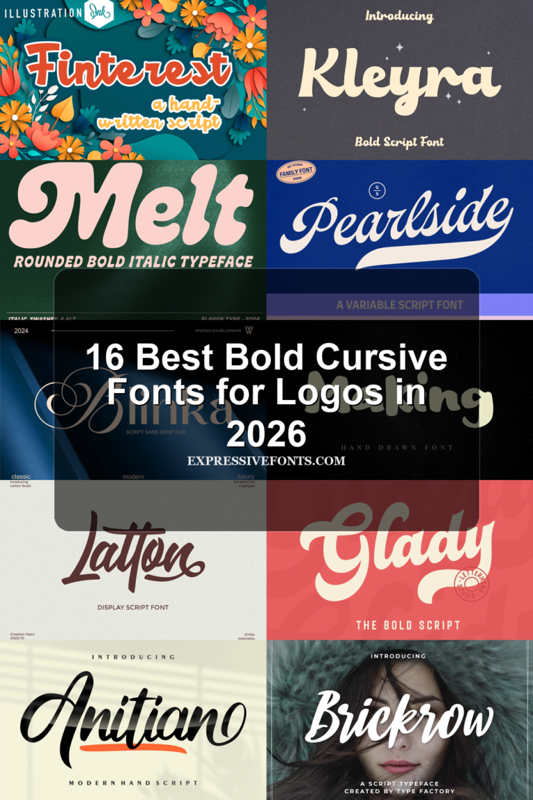 16 Best Bold Cursive Fonts for Logos in 2026 article preview collage featuring 10 font examples.