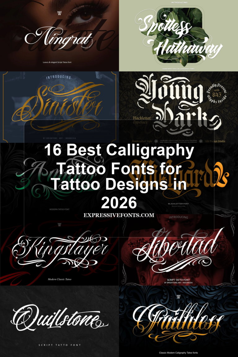 16 Best Calligraphy Tattoo Fonts for Tattoo Designs in 2026 article preview collage featuring 10 font examples.