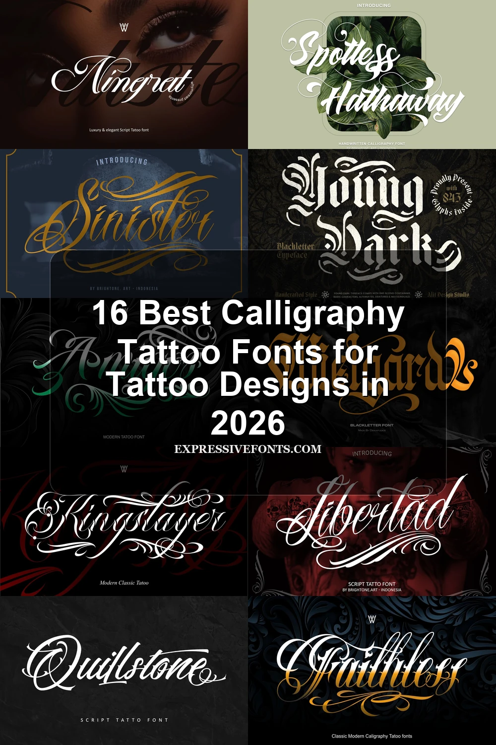 16 Best Calligraphy Tattoo Fonts for Tattoo Designs in 2026 article preview collage featuring 10 font examples.