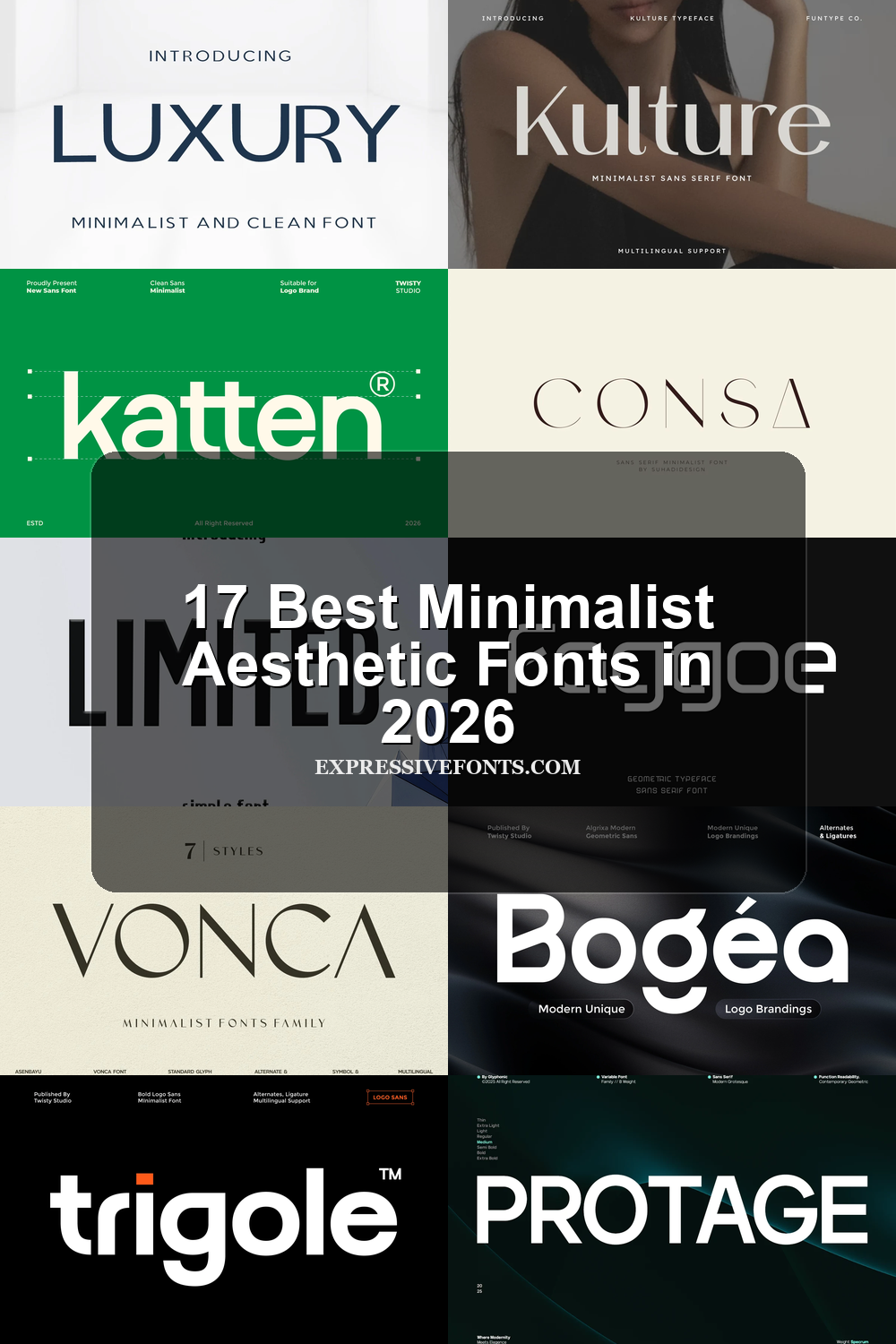17 Best Minimalist Aesthetic Fonts in 2026 article preview collage featuring 10 font examples.