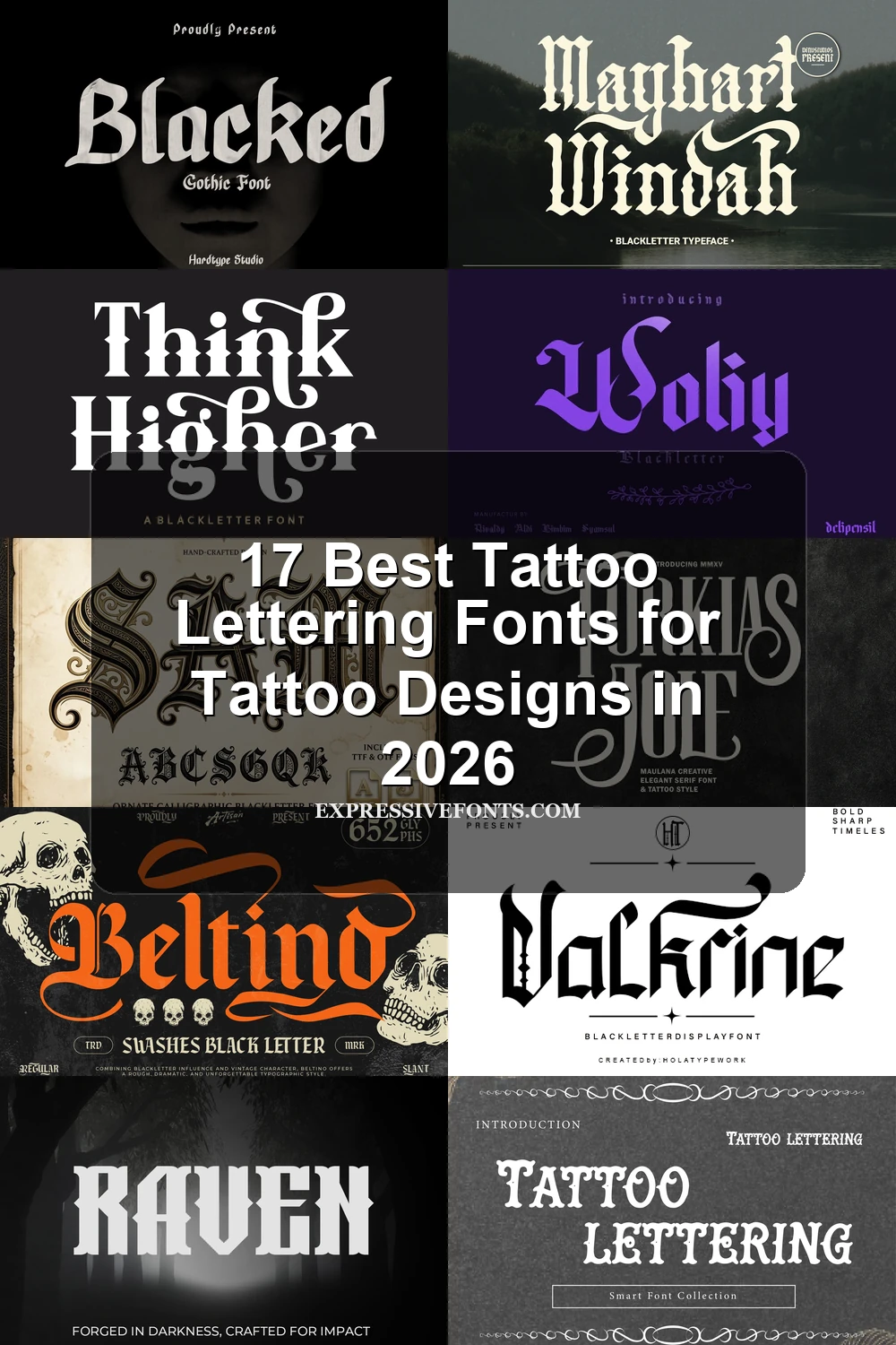 17 Best Tattoo Lettering Fonts for Tattoo Designs in 2026 article preview collage featuring 10 font examples.