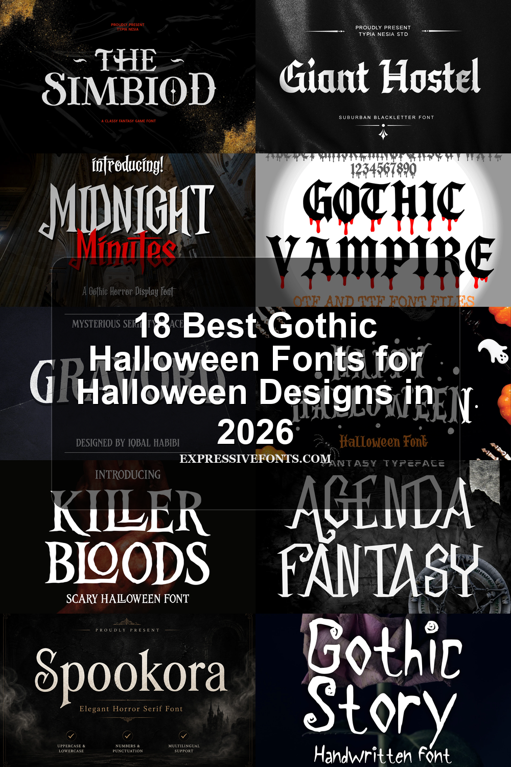 18 Best Gothic Halloween Fonts for Halloween Designs in 2026 article preview collage featuring 10 font examples.