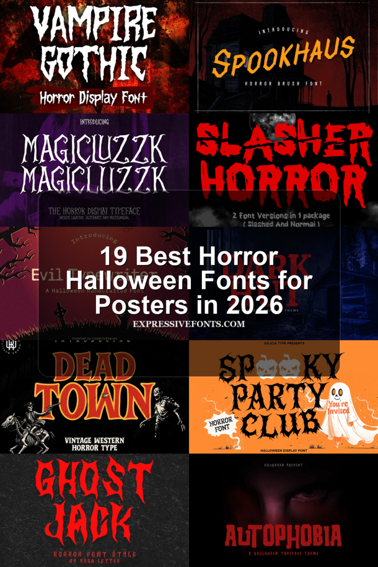 19 Best Horror Halloween Fonts for Posters in 2026 article preview collage featuring 10 font examples.