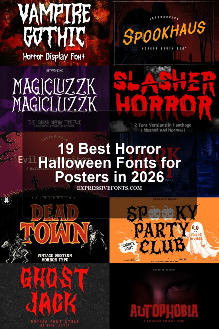 19 Best Horror Halloween Fonts for Posters in 2026 article preview collage featuring 10 font examples.
