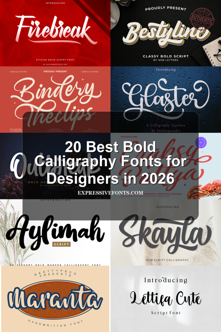 20 Best Bold Calligraphy Fonts for Designers in 2026 article preview collage featuring 10 font examples.