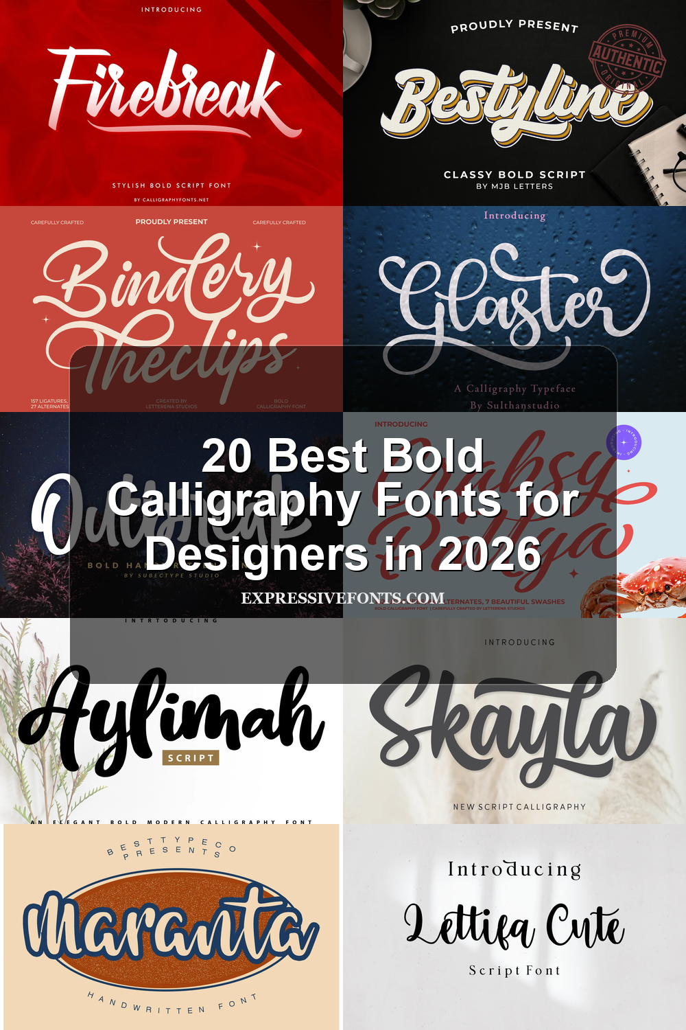 20 Best Bold Calligraphy Fonts for Designers in 2026 article preview collage featuring 10 font examples.