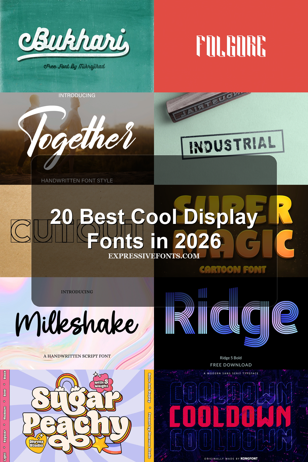 20 Best Cool Display Fonts in 2026 article preview collage featuring 10 font examples.