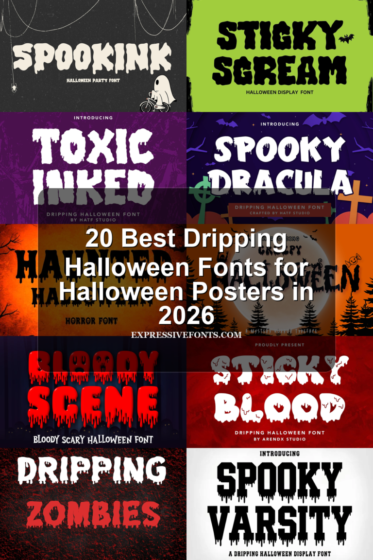 20 Best Dripping Halloween Fonts for Halloween Posters in 2026 article preview collage featuring 10 font examples.