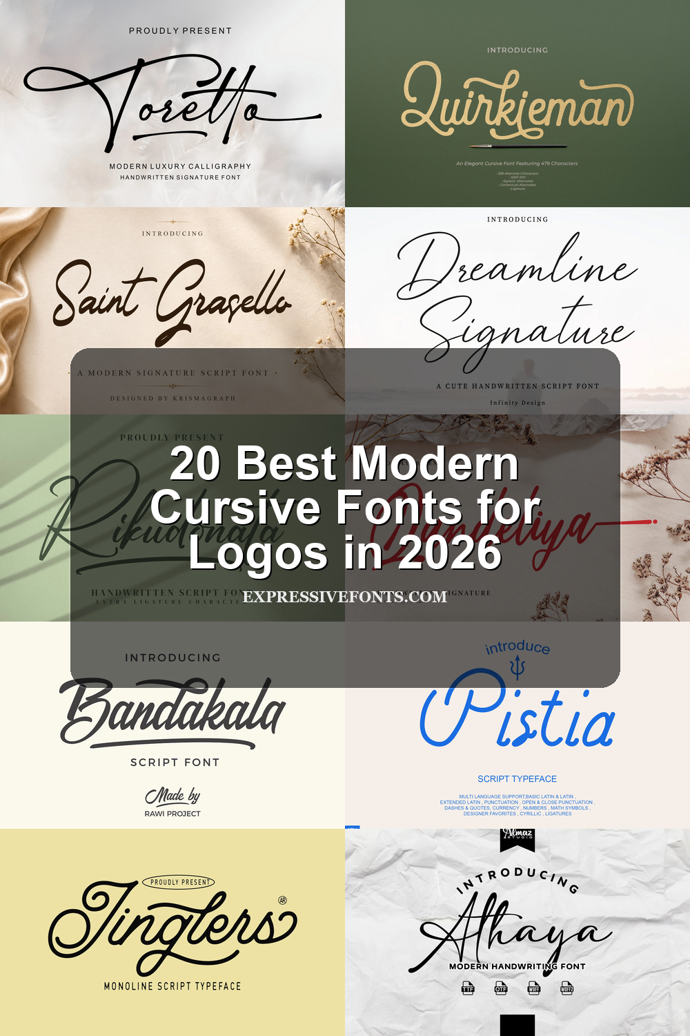 20 Best Modern Cursive Fonts for Logos in 2026 article preview collage featuring 10 font examples.