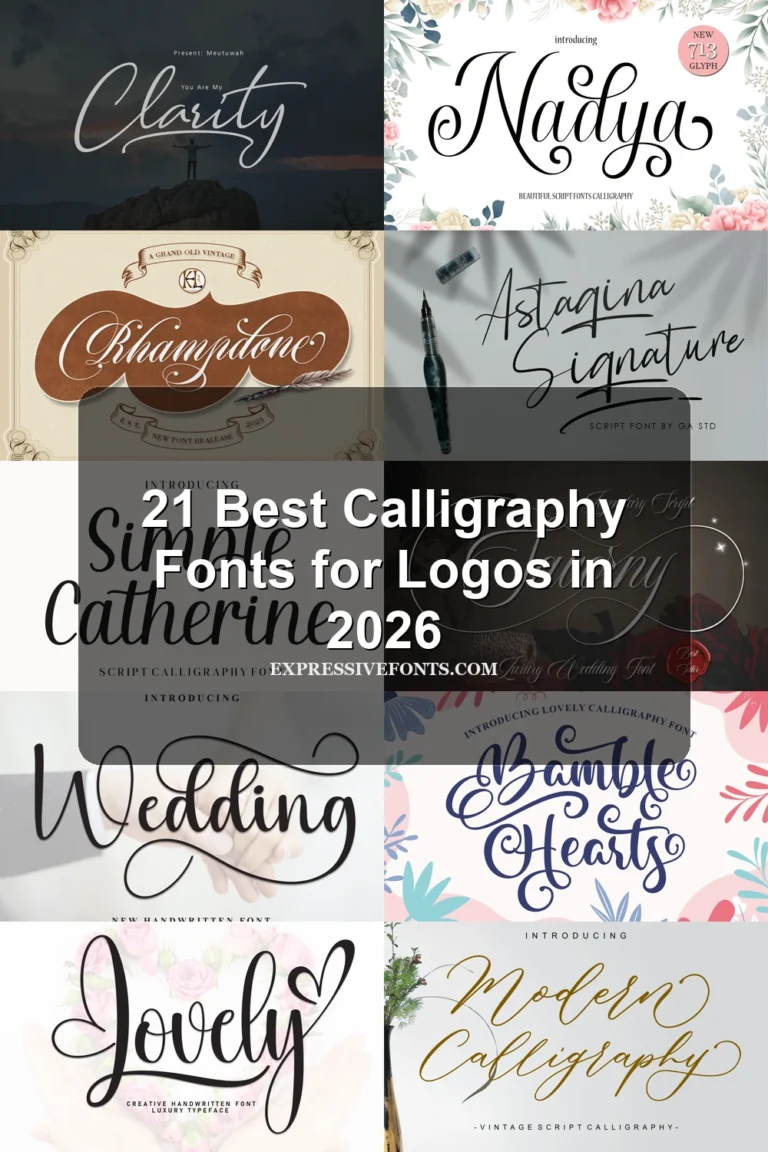 21 Best Calligraphy Fonts for Logos in 2026 article preview collage featuring 10 font examples.