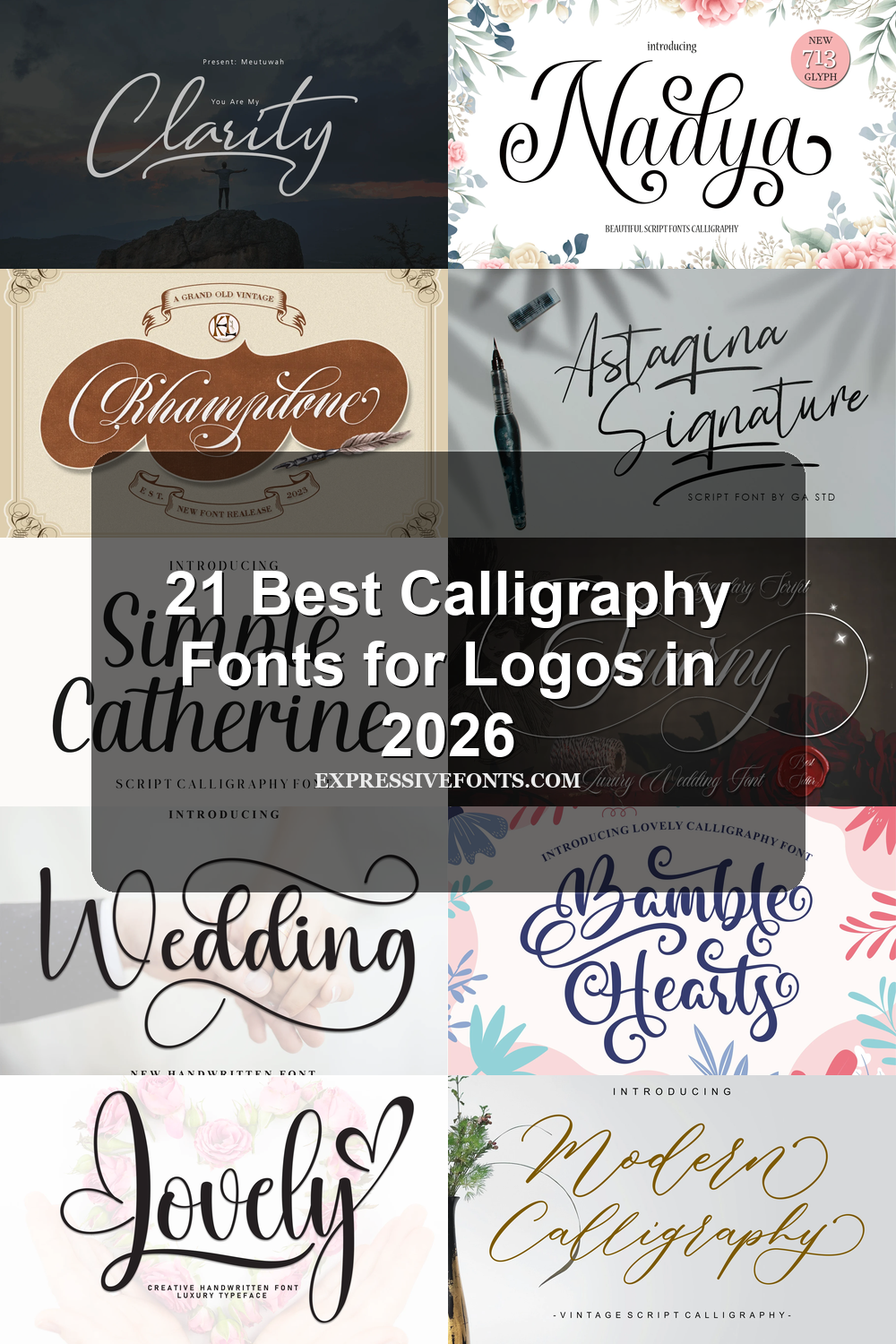 21 Best Calligraphy Fonts for Logos in 2026 article preview collage featuring 10 font examples.