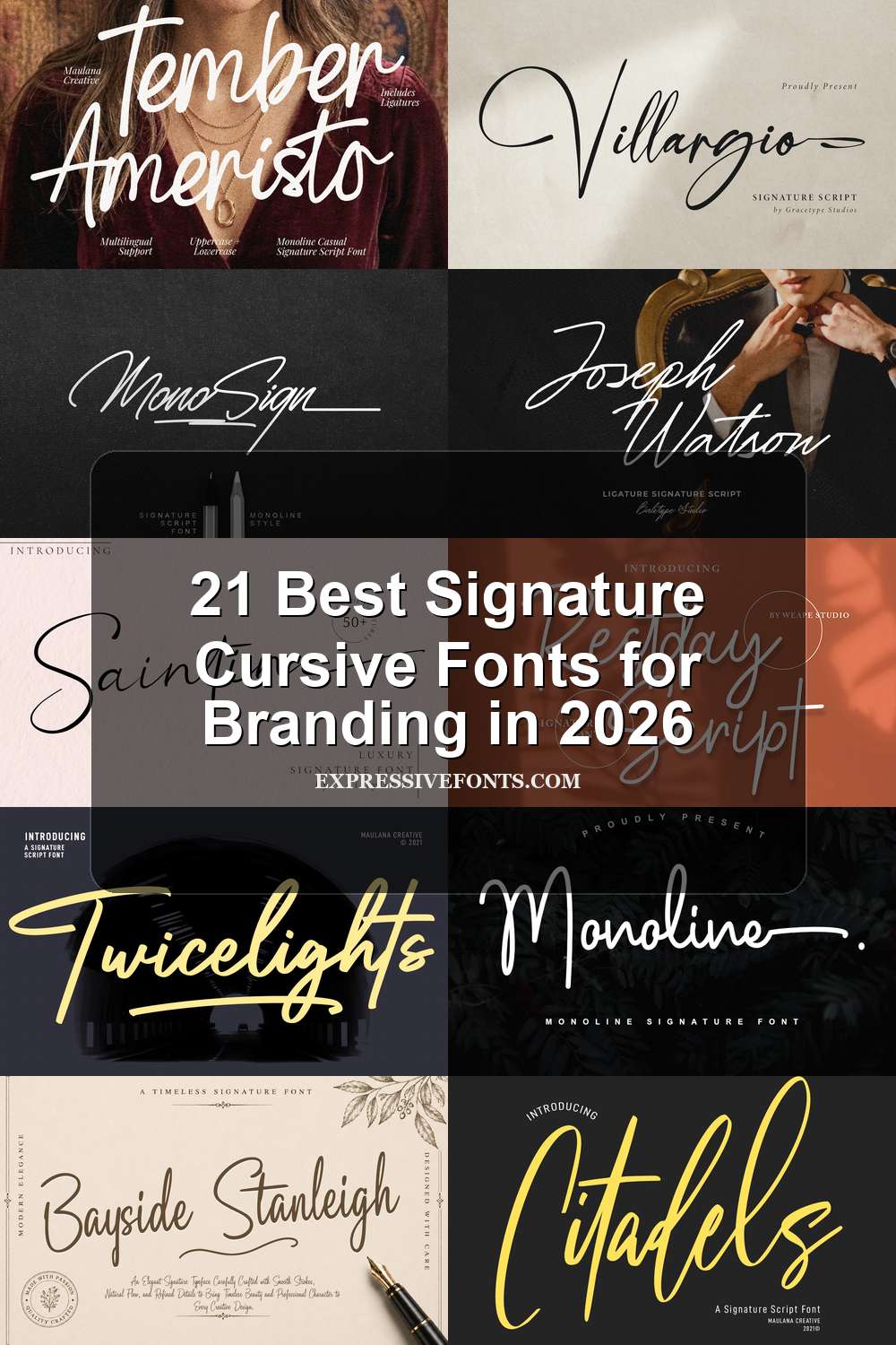 21 Best Signature Cursive Fonts for Branding in 2026 article preview collage featuring 10 font examples.