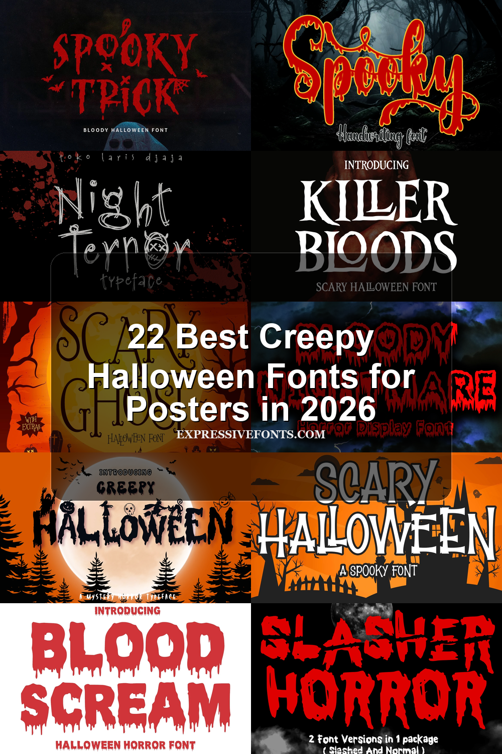 22 Best Creepy Halloween Fonts for Posters in 2026 article preview collage featuring 10 font examples.