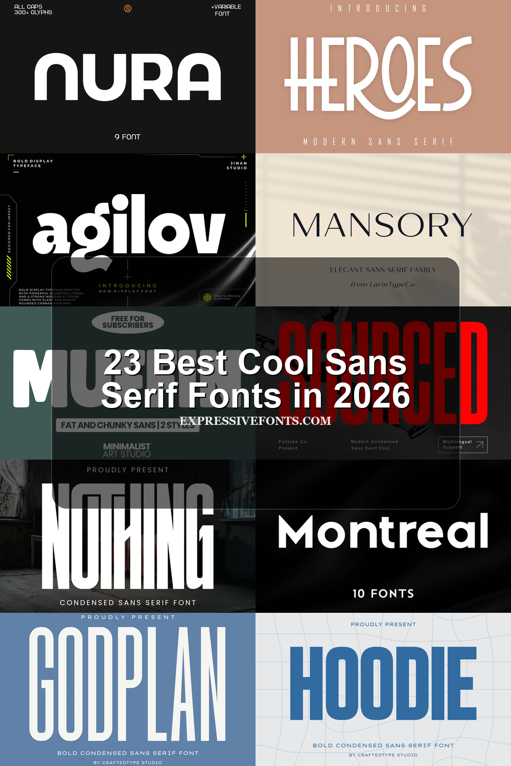23 Best Cool Sans Serif Fonts in 2026 article preview collage featuring 10 font examples.