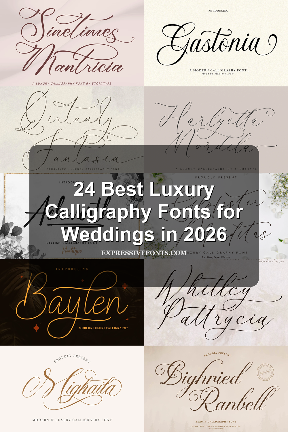 24 Best Luxury Calligraphy Fonts for Weddings in 2026 article preview collage featuring 10 font examples.