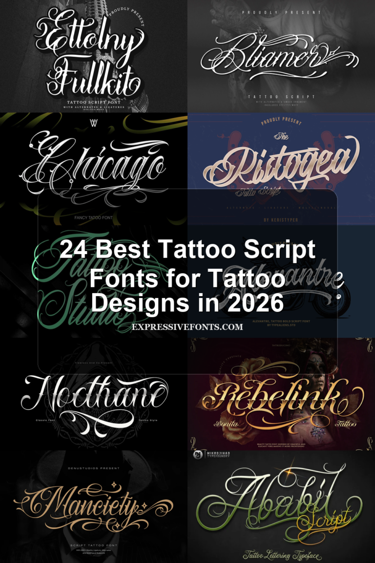 24 Best Tattoo Script Fonts for Tattoo Designs in 2026 article preview collage featuring 10 font examples.