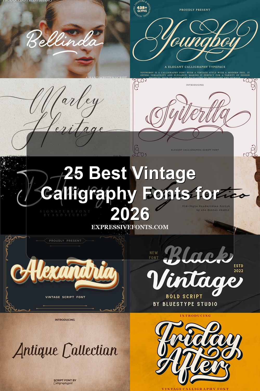 25 Best Vintage Calligraphy Fonts for 2026 article preview collage featuring 10 font examples.