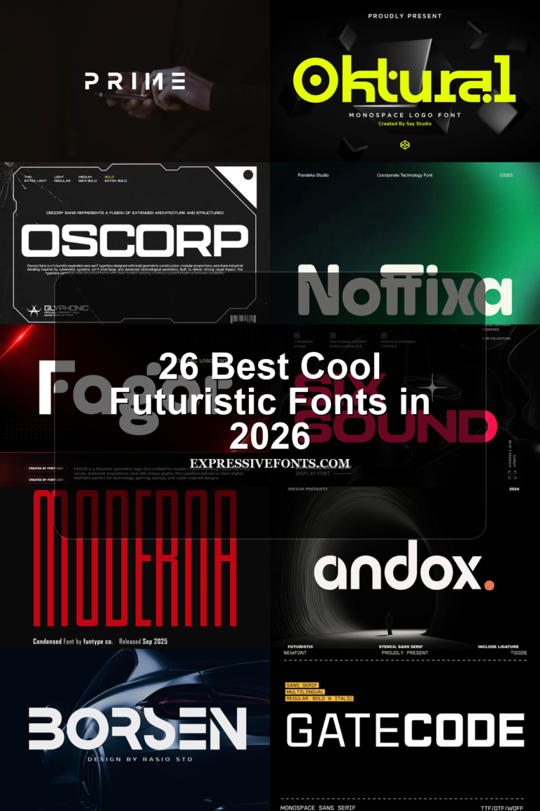 26 Best Cool Futuristic Fonts in 2026 article preview collage featuring 10 font examples.