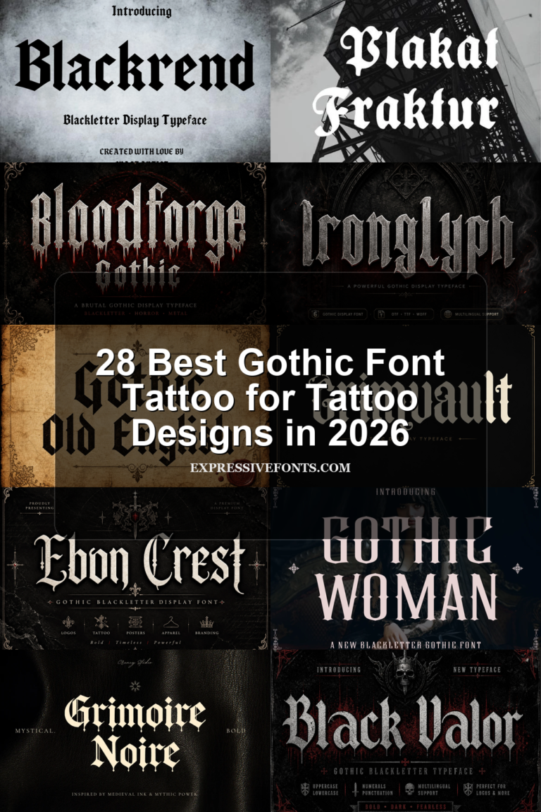 28 Best Gothic Font Tattoo for Tattoo Designs in 2026 article preview collage featuring 10 font examples.