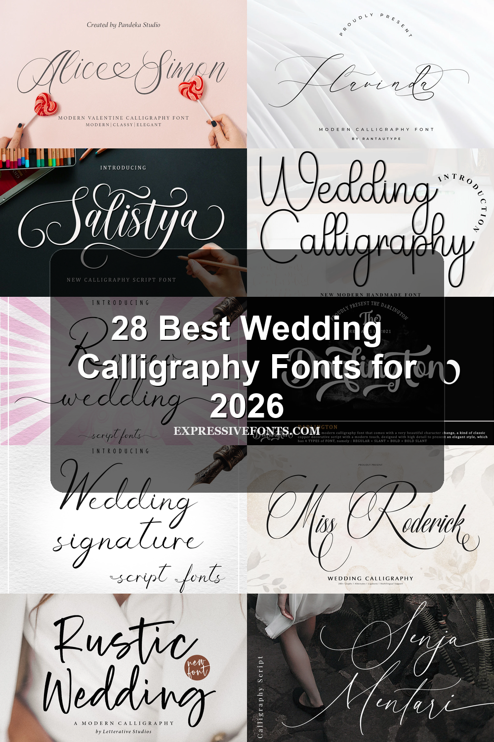28 Best Wedding Calligraphy Fonts for 2026 article preview collage featuring 10 font examples.