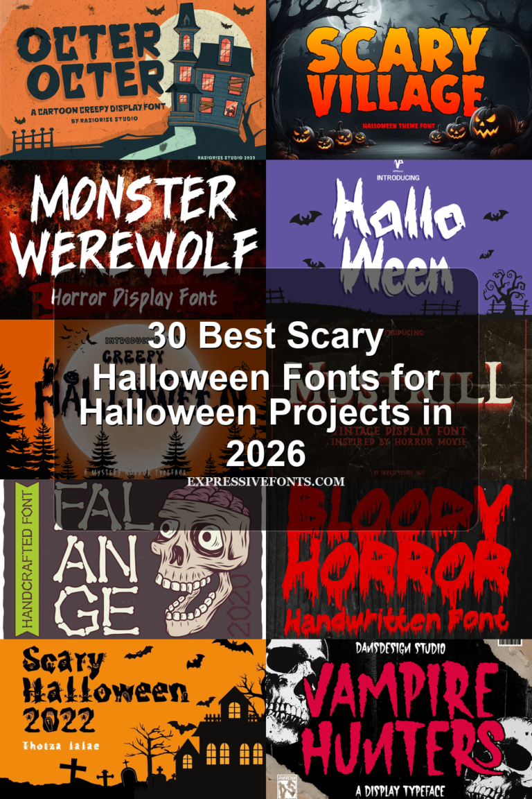 30 Best Scary Halloween Fonts for Halloween Projects in 2026 article preview collage featuring 10 font examples.