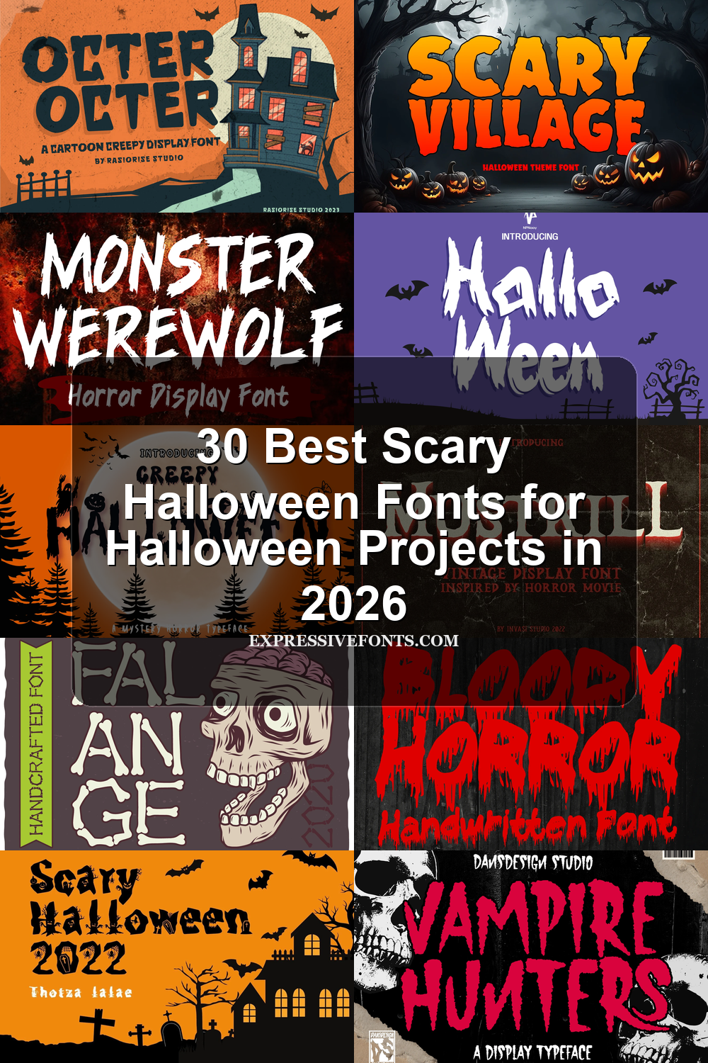 30 Best Scary Halloween Fonts for Halloween Projects in 2026 article preview collage featuring 10 font examples.