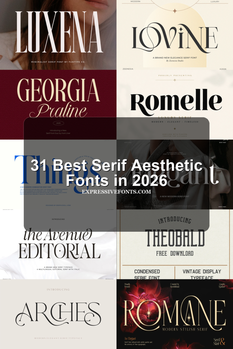 31 Best Serif Aesthetic Fonts in 2026 article preview collage featuring 10 font examples.