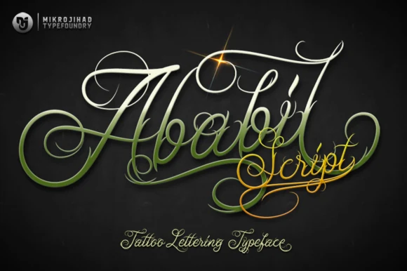 Ababil Script Full Font with flowing connected letterforms, ornate swashes, high stroke contrast, and a pronounced rightward slant.