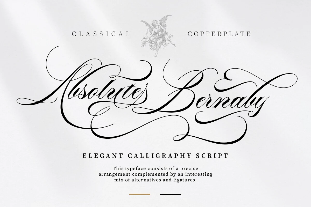 Absolute Bernaby Font is a highly decorative calligraphy script with connected cursive strokes, strong contrast, and intricate flourishes.