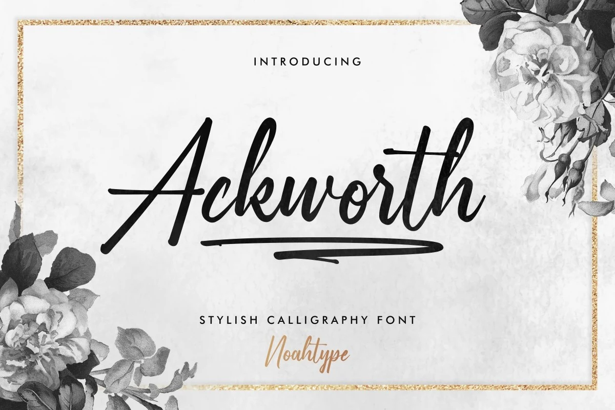 Ackworth Font features connected, right-leaning script letters with high stroke contrast and a sweeping horizontal swash.