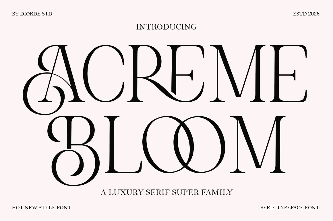 Acreme Bloom Font with high-contrast strokes, sharp serifs, and flowing decorative swashes on initial letters.