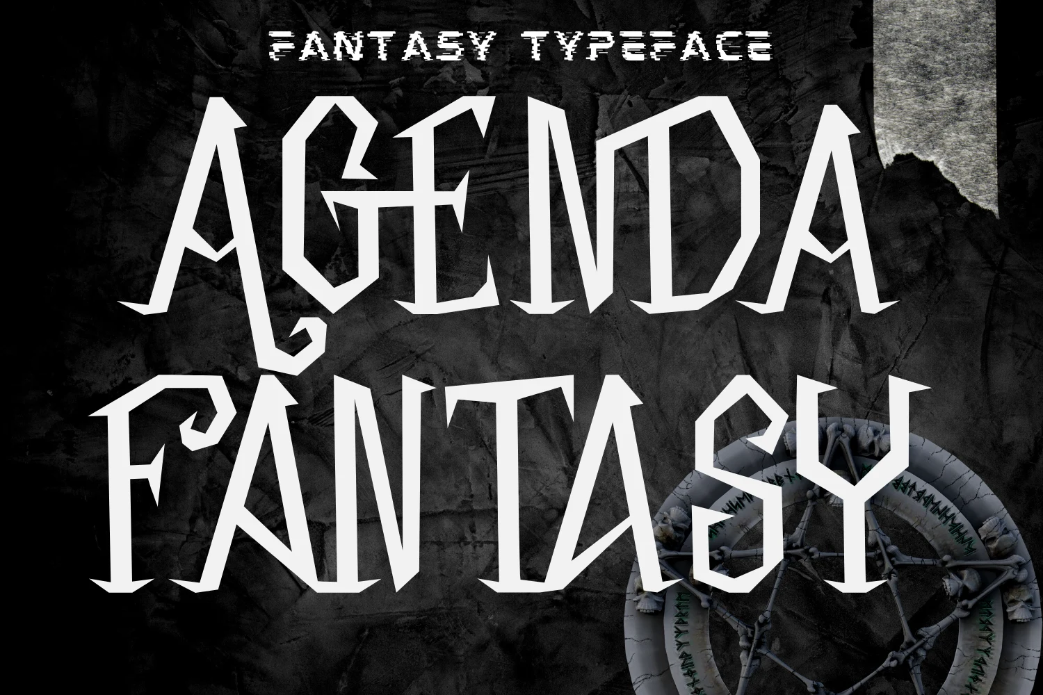 Agenda Fantasy Font with sharp angular terminals, pointed vertices, and irregular geometric letterforms.