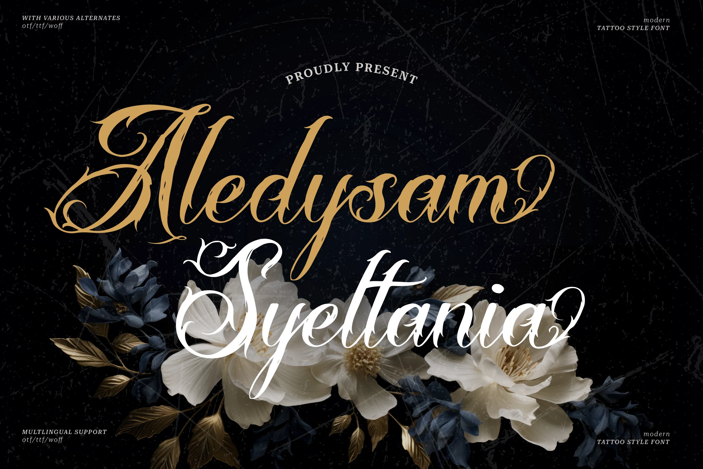 Aledysam Syeltania Font featuring connected cursive lettering, high-contrast strokes, and elaborate decorative swashes.