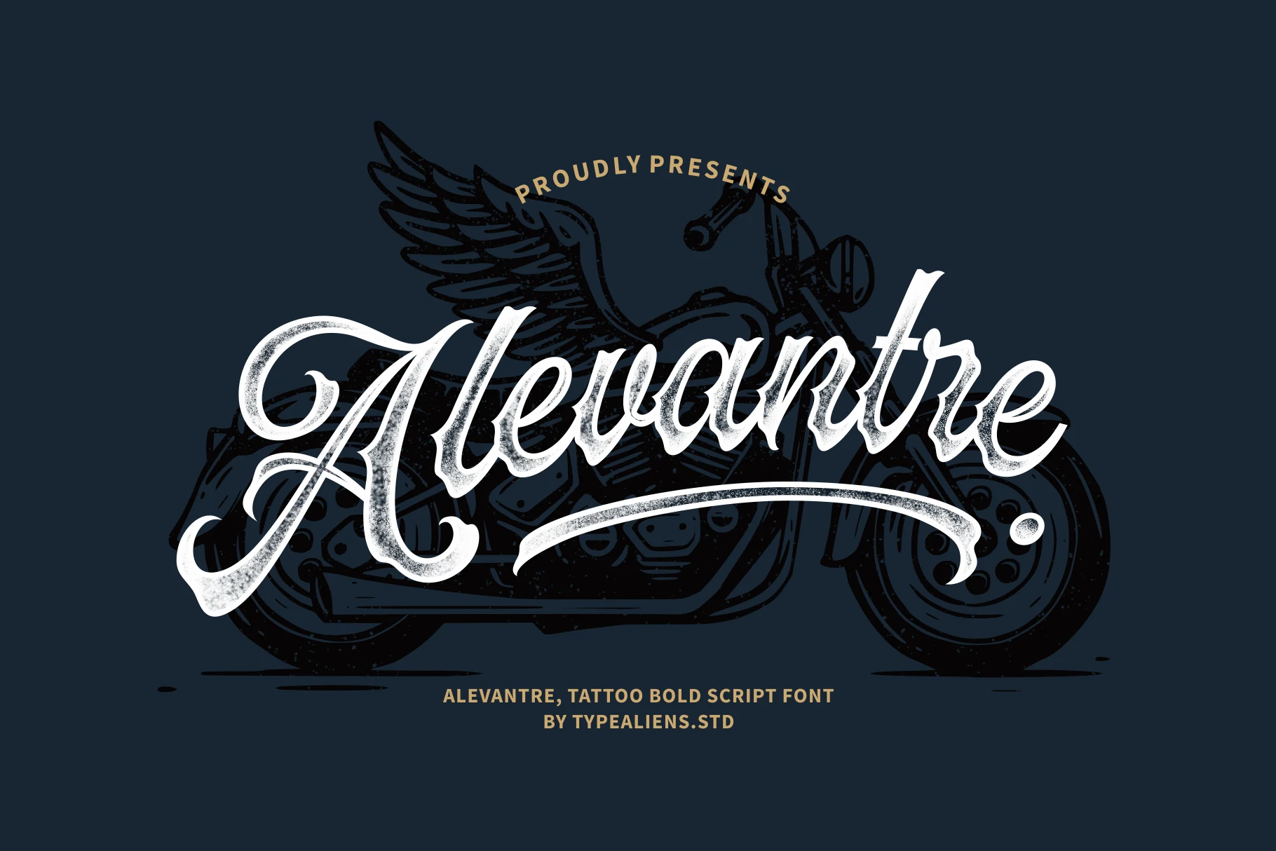 Alevantre Font is a bold connected script with heavy strokes, ornate flourishes, and distressed textured edges.