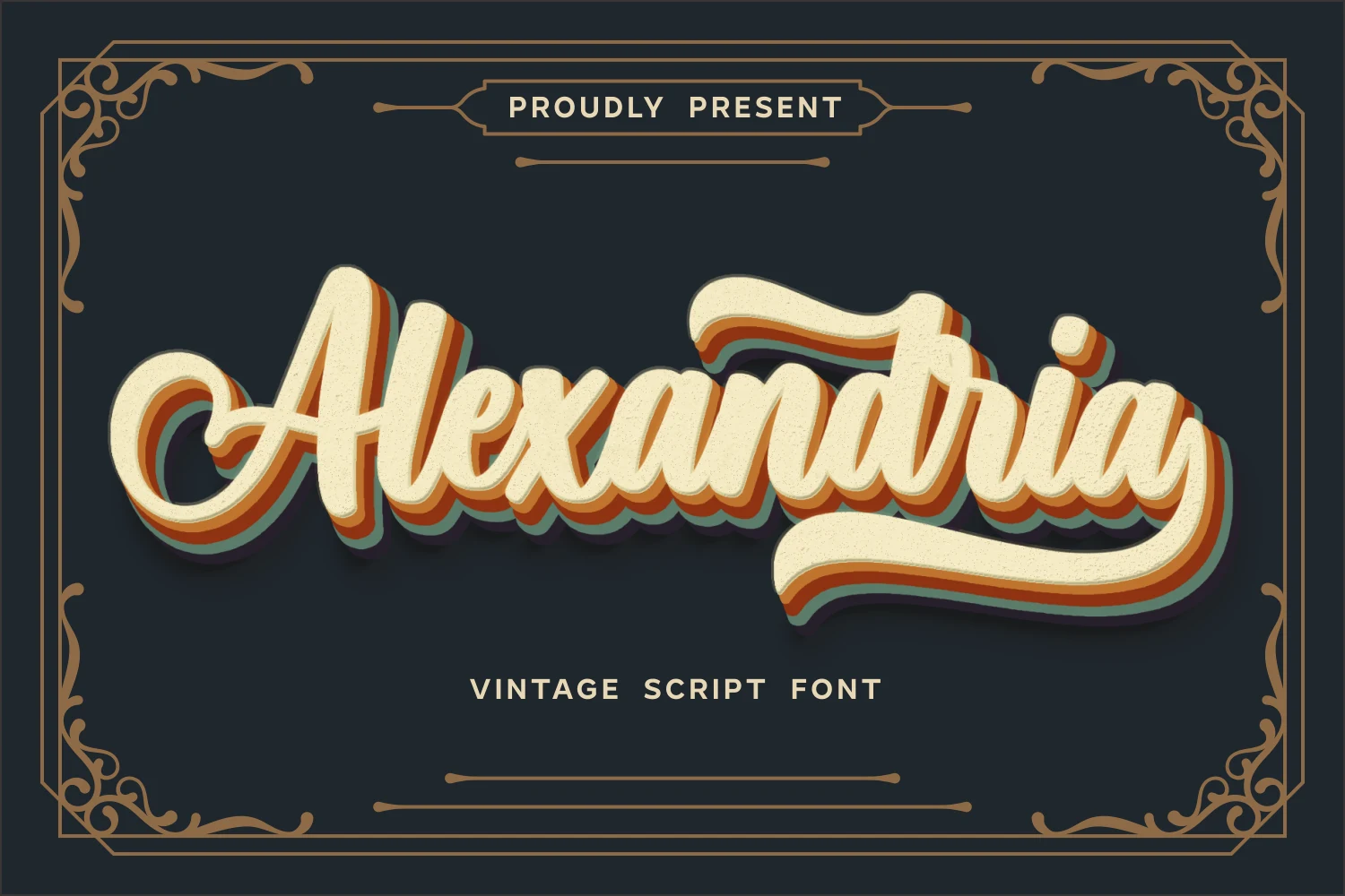 Alexandria Font in a bold connected script with a pronounced rightward slant, rounded terminals, and a layered drop-shadow effect.