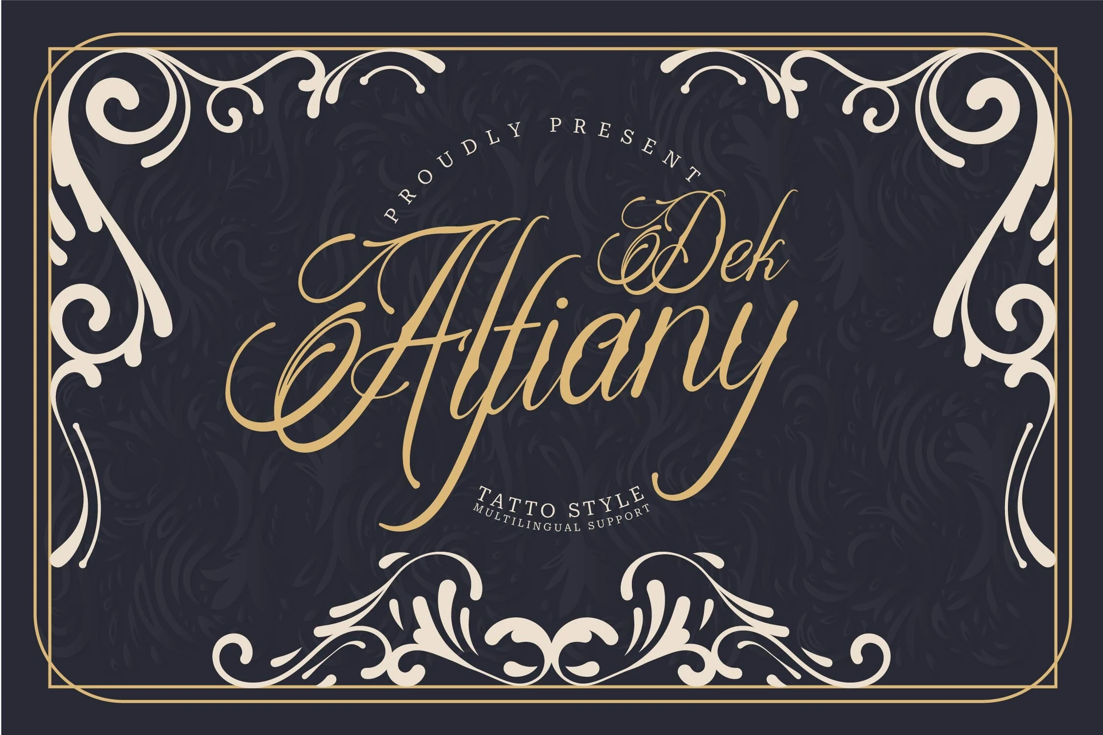 Alfiany Dek Font showing a decorative high-contrast script with connected cursive letters and ornate flourishes.