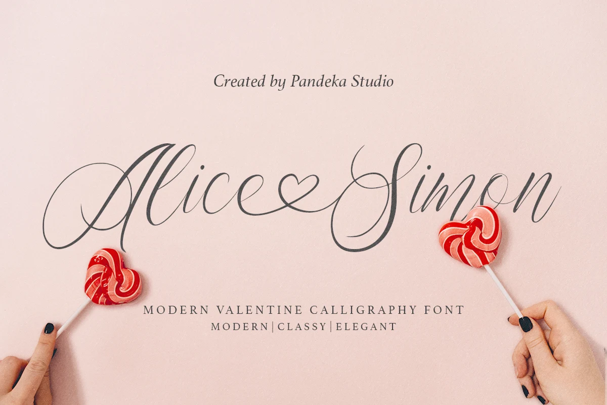 Alice Simon Font features connected, high-contrast cursive letterforms with elongated swashes and a forward-leaning slant.