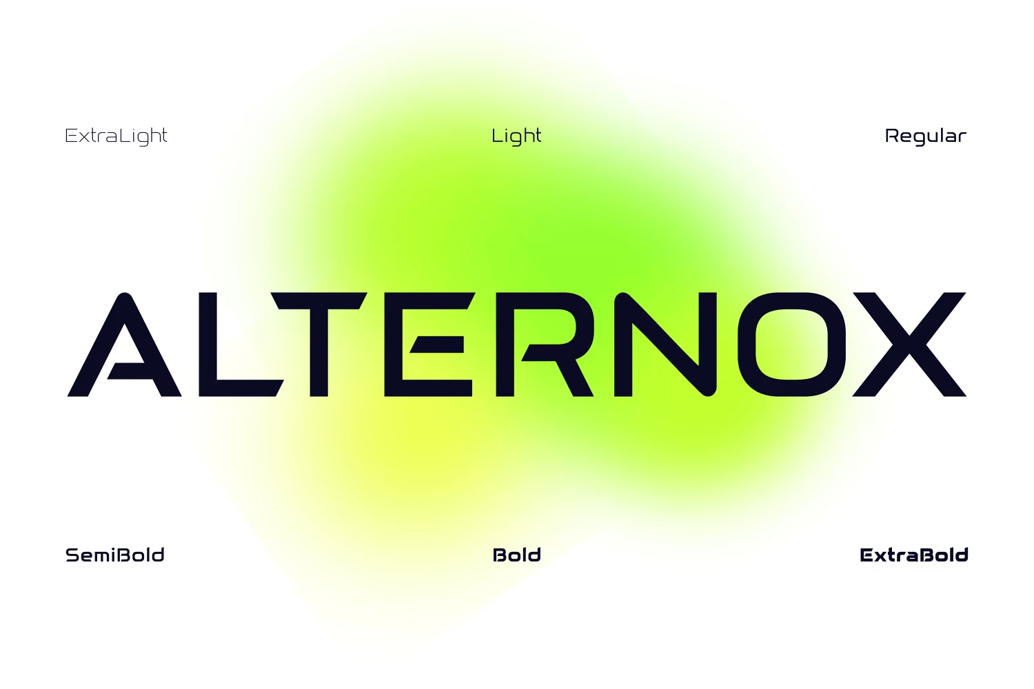 Alternox Font preview showing wide geometric letterforms with sharp angular terminal cuts in multiple weights.