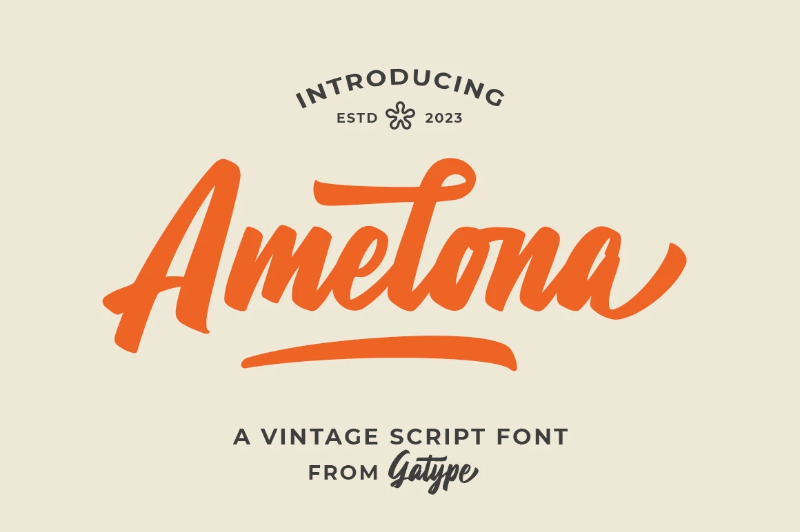 Amelona Font is a bold connected script with heavy brush-like strokes, a rightward slant, and a sweeping underline.