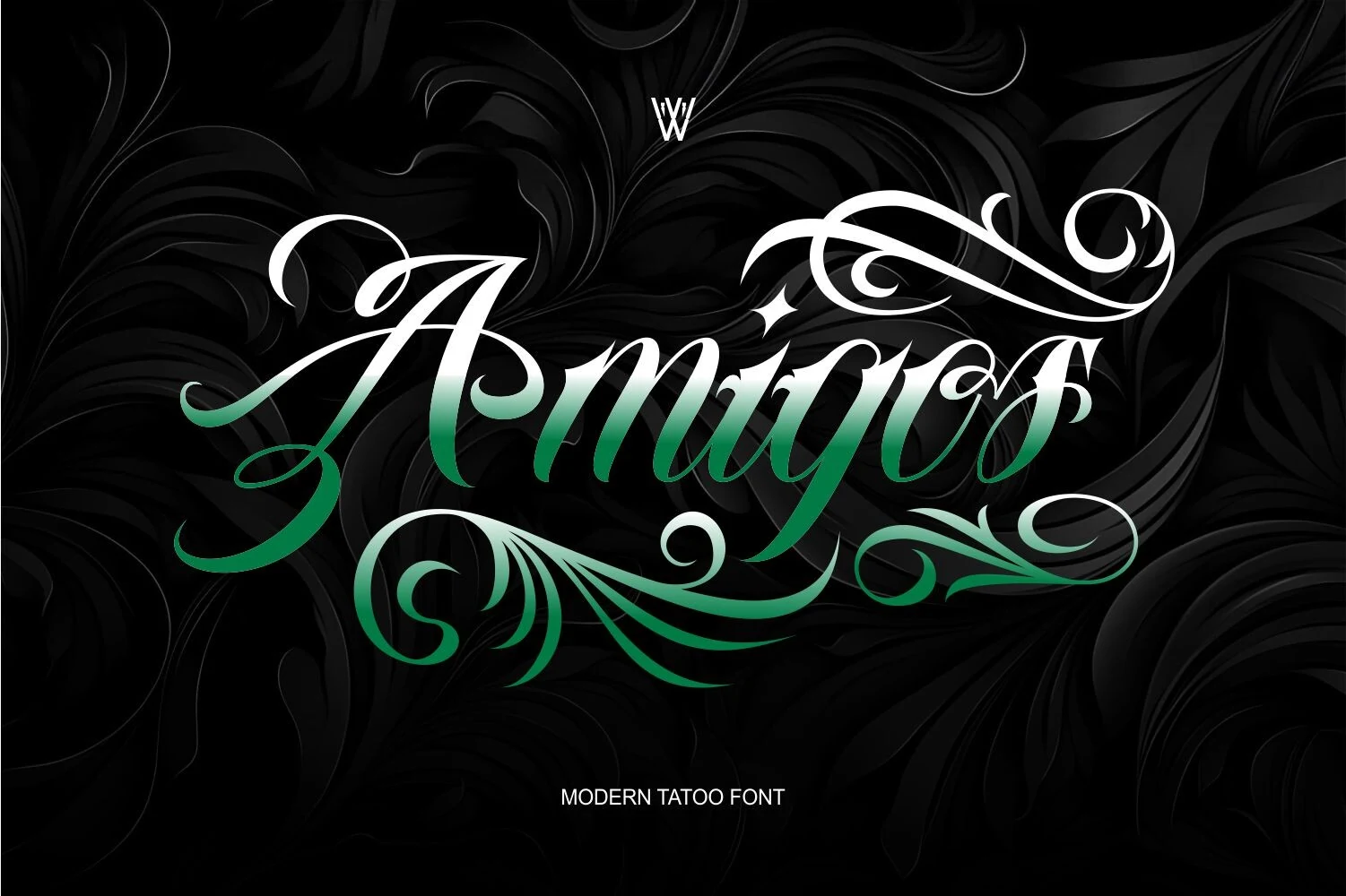 Amigos Font features connected calligraphic lettering with high stroke contrast, pointed terminals, and elaborate decorative swashes.