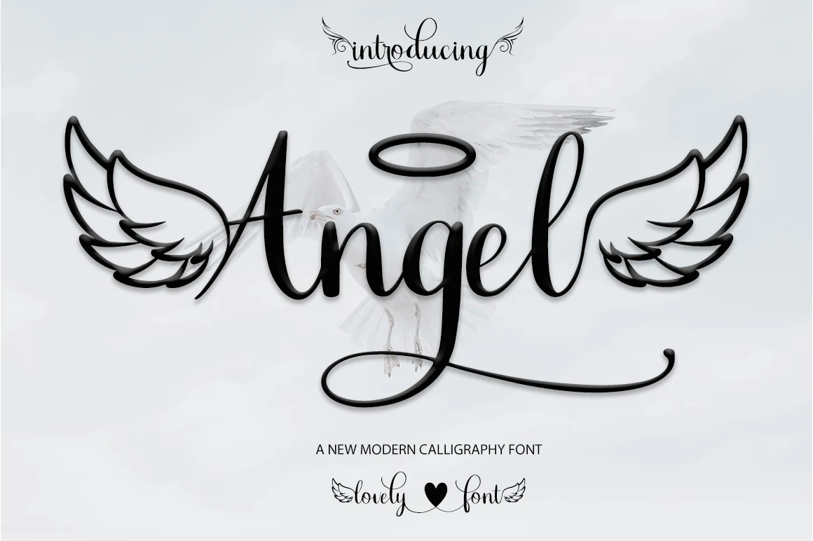 Angel Font is a connected calligraphic script with high stroke contrast and flowing ornamental swashes.