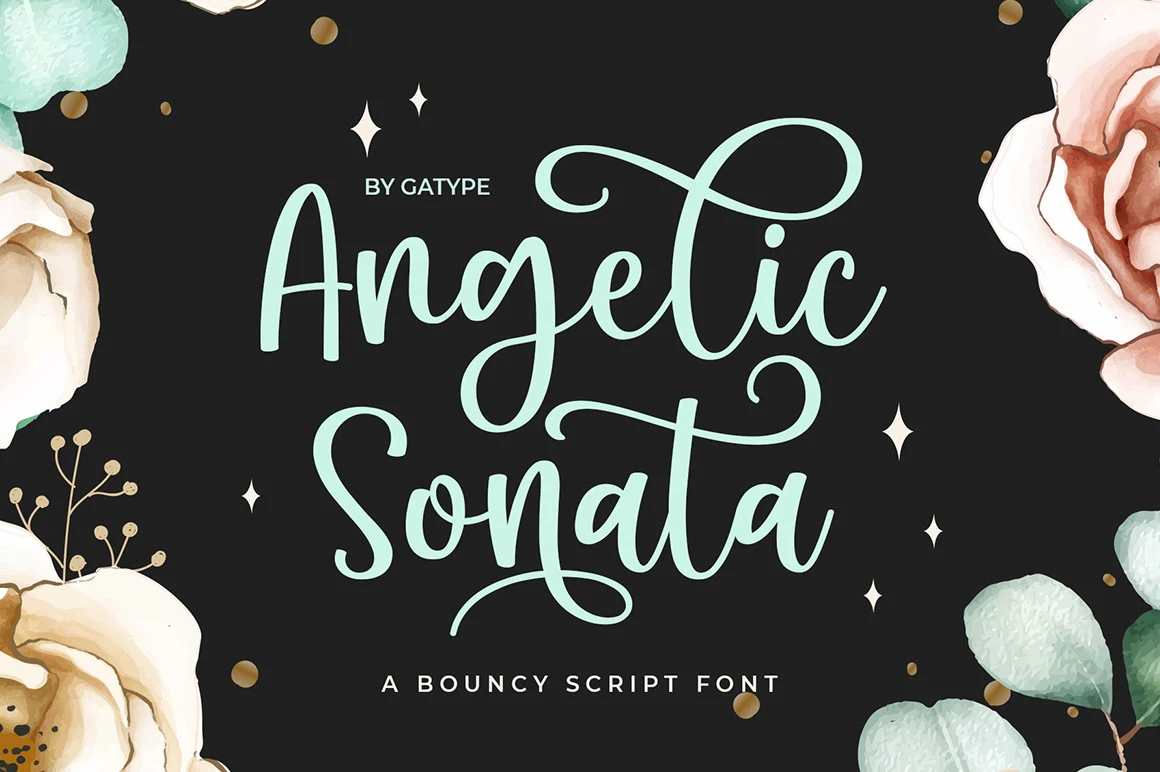 Angelic Sonata Font preview showing a connected handwritten script with a bouncy baseline, rounded terminals, and decorative swashes.