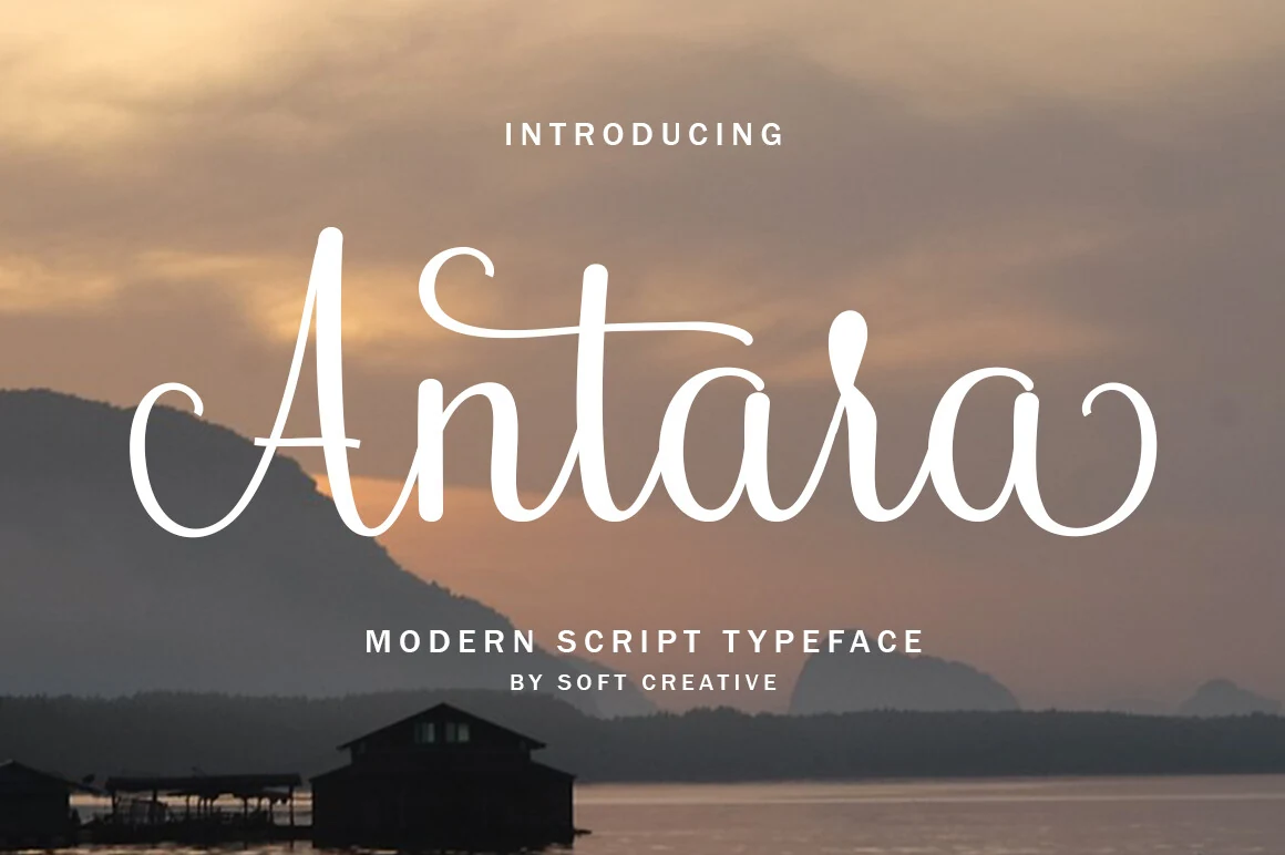 Antara Font featuring a decorative script with sweeping curves, high stroke contrast, and flourished terminals.
