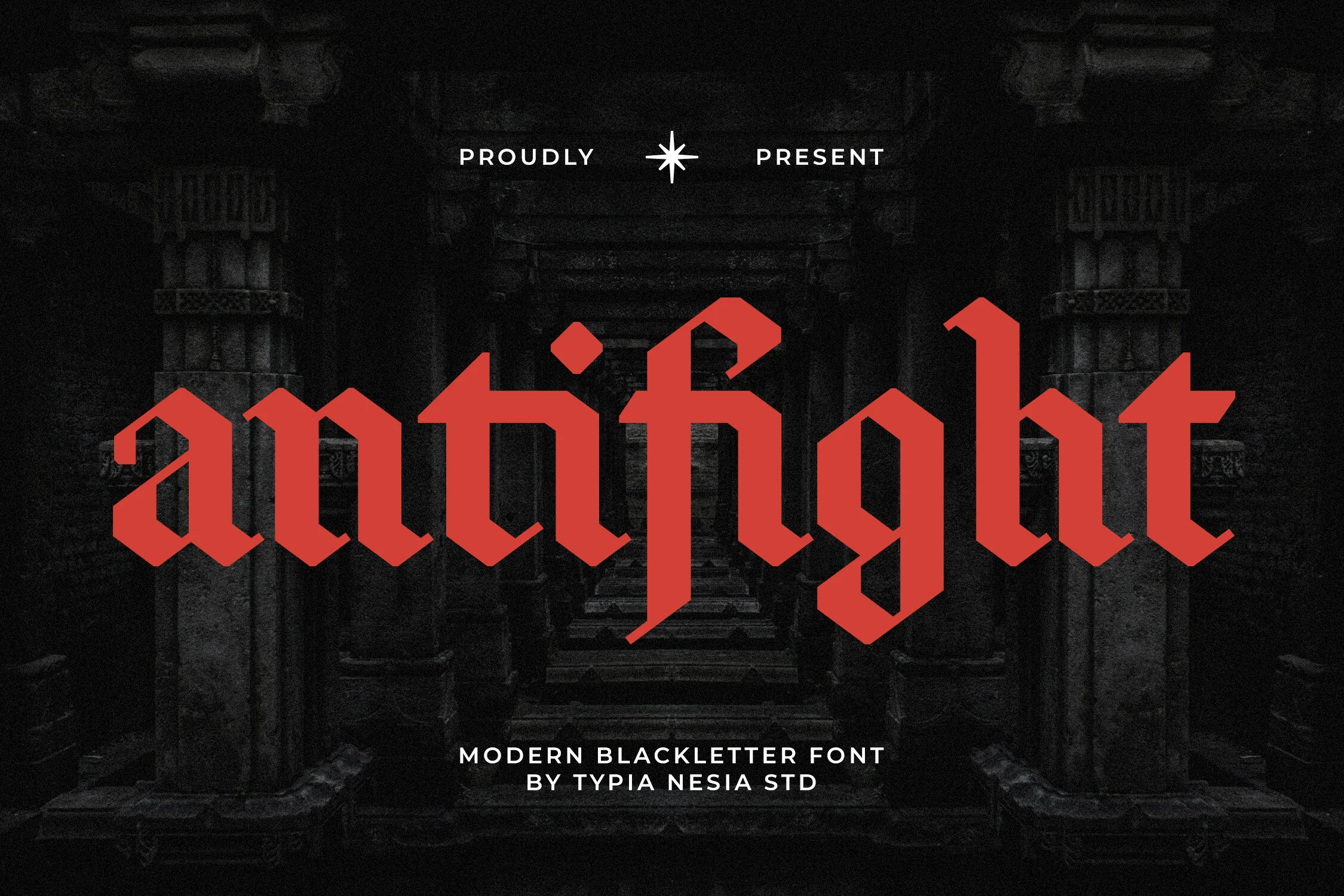 Antifight Font featuring bold angular blackletter forms with sharp pointed terminals and high-contrast strokes.