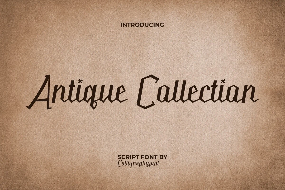 Antique Collection Font displaying angular geometric letters with sharp pointed terminals and disconnected characters.