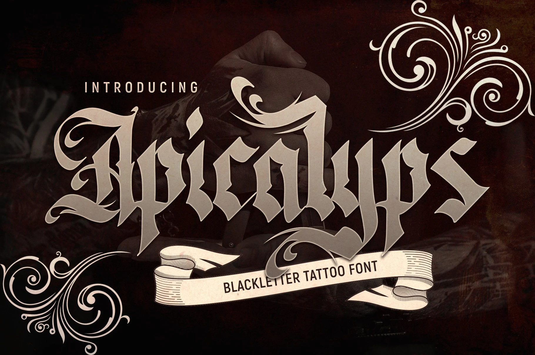 Apicalyps Font features sharp angular letterforms, high stroke contrast, and decorative swashes.
