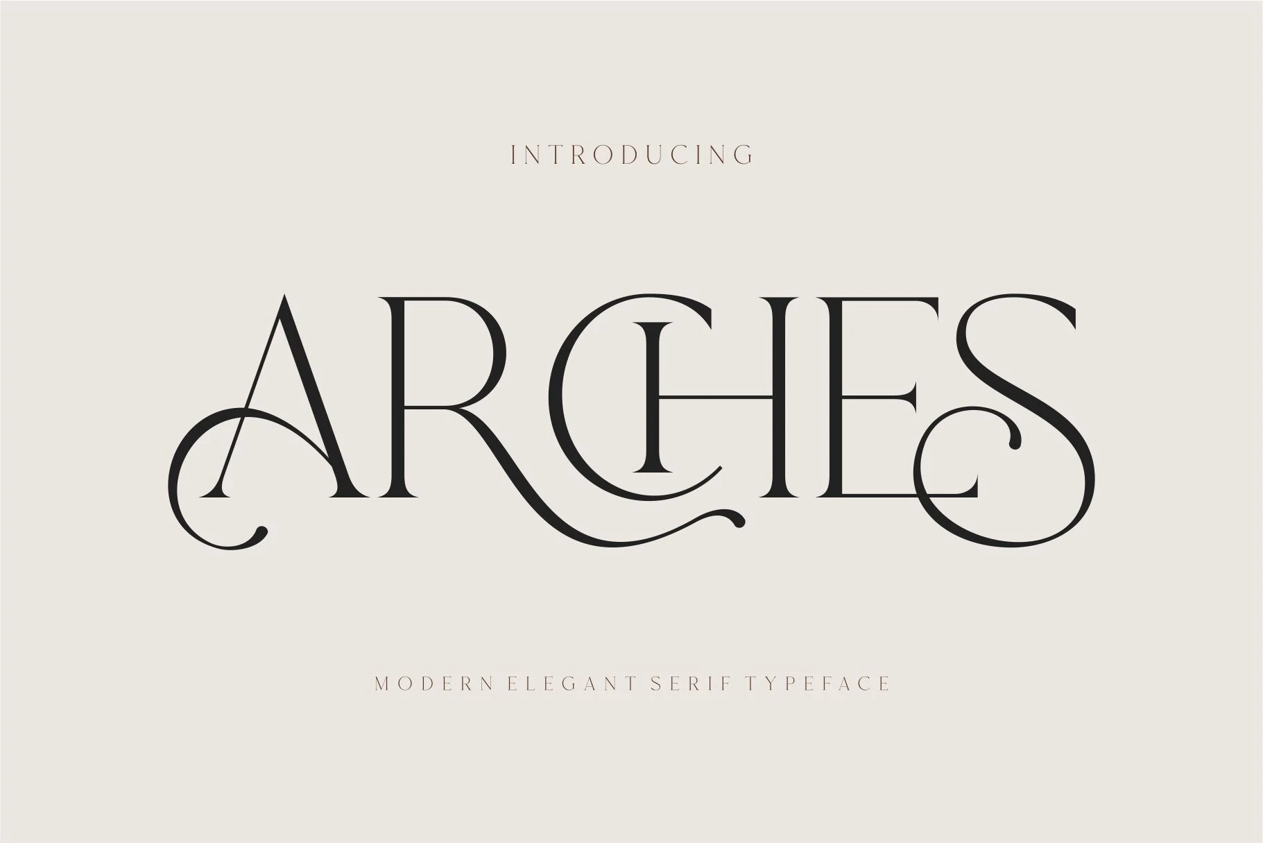 Arches Font is an ornate serif typeface with high stroke contrast, sharp serifs, and flowing decorative swashes connecting the letters.