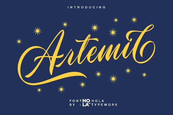 Artemil Font featuring connected cursive strokes, high contrast, and sweeping ornamental flourishes.